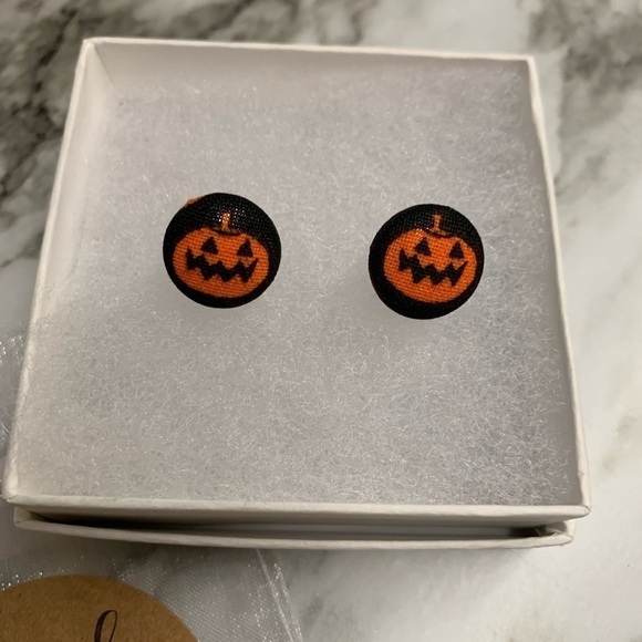 Pumpkin Halloween Fabric Button Earrings, Handmade - Picture 2 of 5